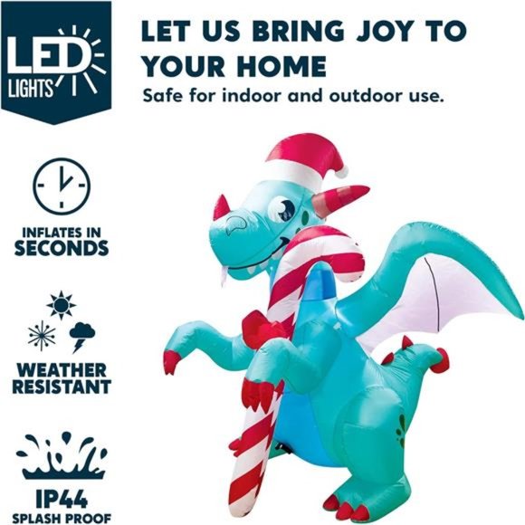 6 FT Christmas Blow Up Dragon Inflatable with Candy Cane with Build-in LEDs - Picture 3 of 7